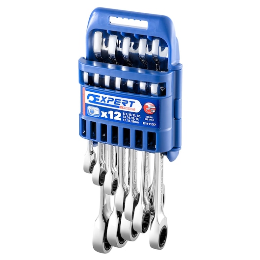 Facom E111137 ratcheting wrench set in blue plastic case, 12-piece, front angle photography.