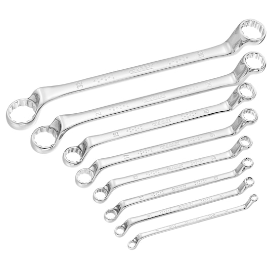 Facom E111714 set of eight polished offset ring spanners, various sizes, top-down angle on white background.