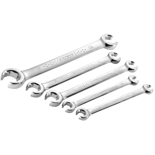 Facom E112501 chrome open end wrench set, five sizes, laid out on white background, product photography
