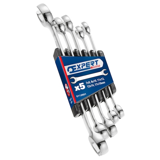 A set of five chrome combination wrenches in a plastic holder, labeled 'EXPERT by Facom' with size markings: 7x9, 8x10, 11x13, 12x14, 17x19 mm.