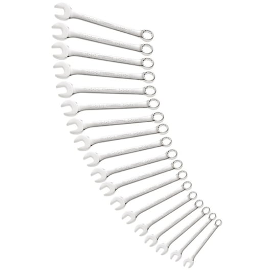Photo of Facom E113239 combination spanner set, 16 silver wrenches in various sizes, top view on white background.