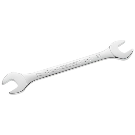 Facom E113287 double open-end chrome wrench with 17mm and 16mm ends, top view on white background.