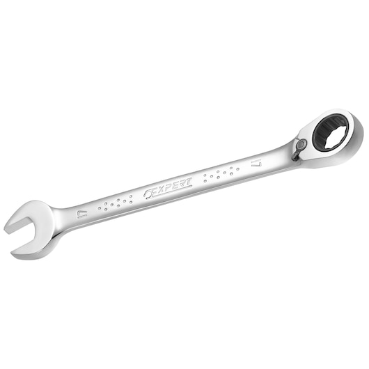 Facom E113309 ratcheting combination wrench with open and ring ends, silver finish, angled view, white background.