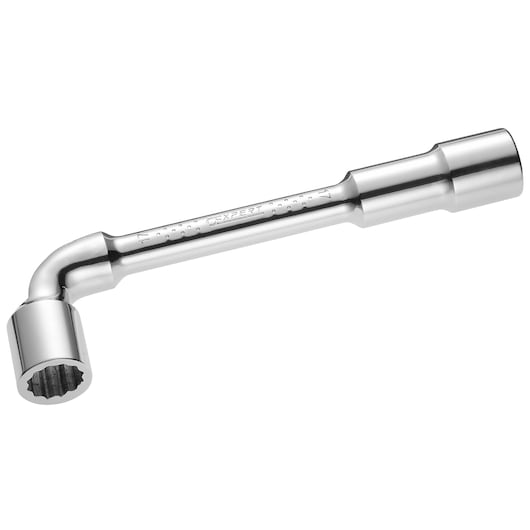 Facom E113373 chrome-plated L-shaped socket wrench, side angle, on white background.