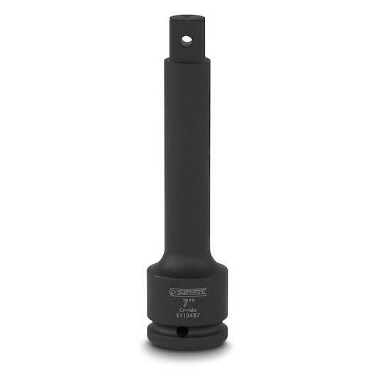 Facom E113487 black impact socket extension photographed on white background, cylindrical metal tool with side hole.