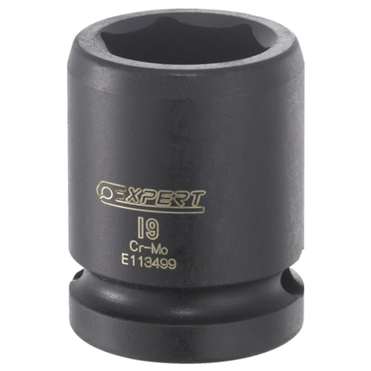 Facom E113495 black impact socket, Expert series, 19mm size, front angle photo on white background.
