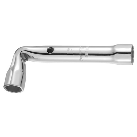 Facom E113502 chrome-plated L-shaped box wrench, front angle, hex socket ends visible.