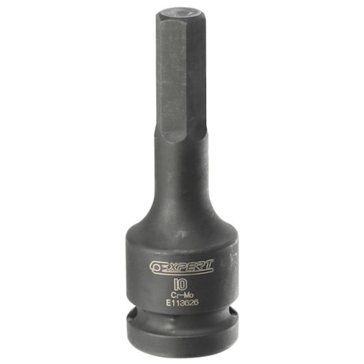 Facom E113625 black hex impact socket bit, side view on white background.