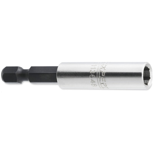 Facom E113648 hex bit holder, silver and black, side view on white background, hand tool accessory.