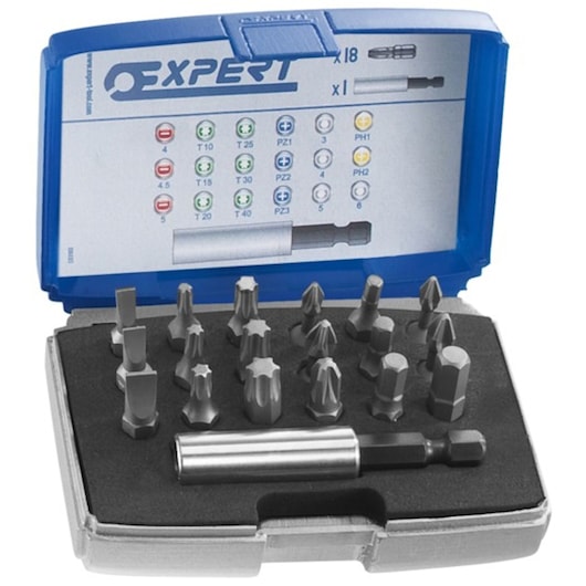 Facom E113901 bit set with blue case and various screwdriver bits, front angle.