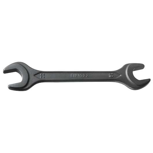 Facom E114022 double open-end wrench, matte black finish, 22mm and 19mm, top view on white background.