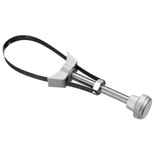 Facom E117117 adjustable metal strap wrench, side view, with silver handle and black strap.