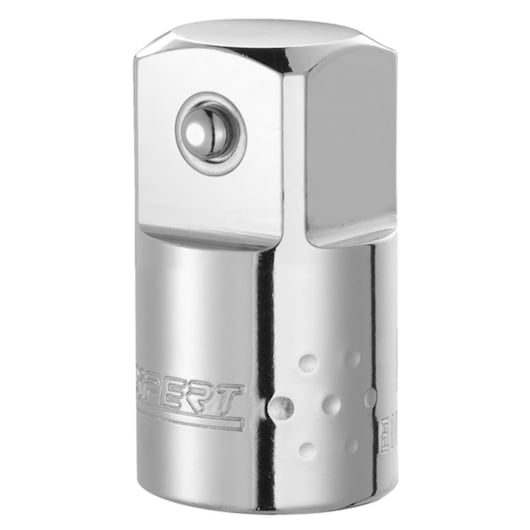 Facom E117358 chrome socket adapter, cylindrical shape, front angle on white background.