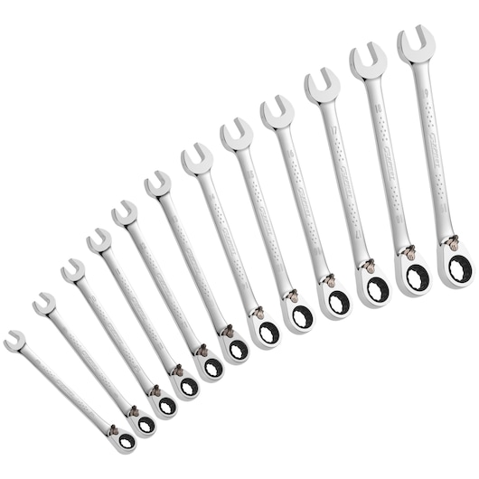 A set of twelve silver ratcheting open-end wrenches arranged in a row, each with an open-ended side and a ratchet ring on the other end, displayed on a white background.