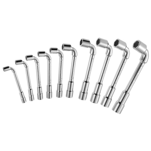 Facom E117386 chrome-finished 9-piece angled socket wrench set, product laid out in size order, front view.
