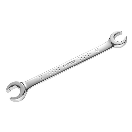 Facom E117394 chrome double open-end flare nut wrench, straight angle, product on white background.