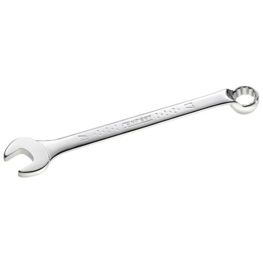 Facom E117727 combination wrench, chrome finish, box end and open end, side angle on white background.