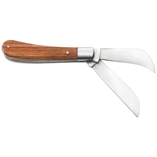 Facom E117767 folding pocket knife with two stainless steel blades and wood handle, side view on white.