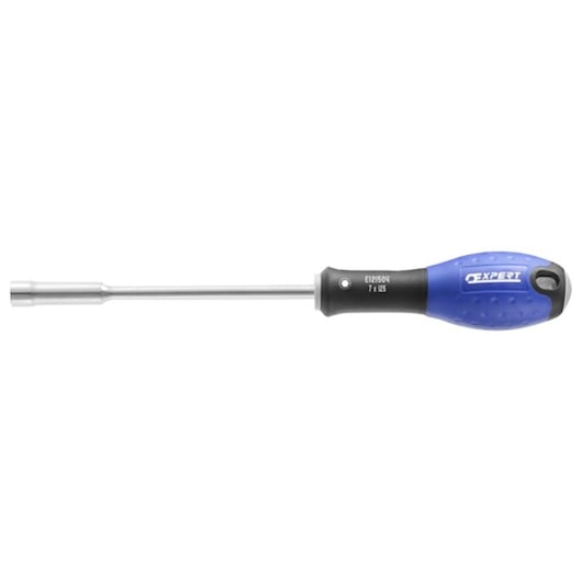 Facom E121505 nut driver with long metal shaft and blue ergonomic handle, product side view on white background.