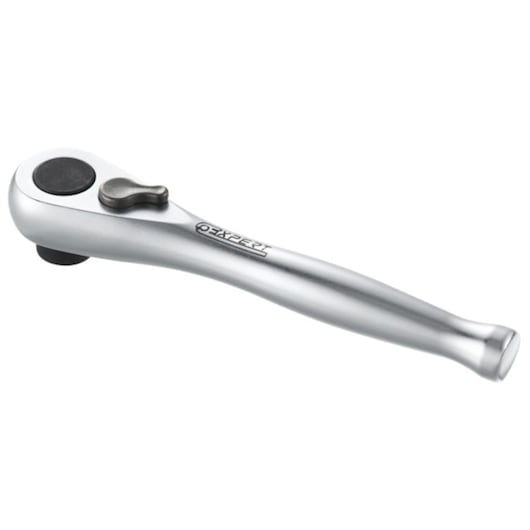 Facom E131601 silver ratchet handle, side view, with black round button and lever, on white background.