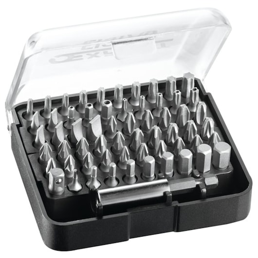 Facom E131710 screwdriver bit set in black case with transparent lid, angled view, multiple bit types organized in rows.