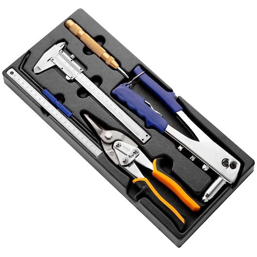 Facom E142402 tool set tray with caliper, ruler, snips, screwdriver, hole punch and riveter on white background