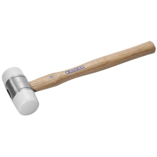 Facom E150303 mallet with white dual plastic heads and wooden handle, side angle on white background.