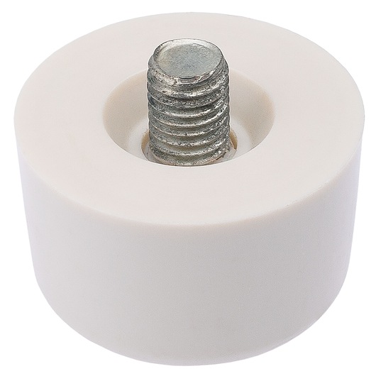 Facom E150307 photography of white cylindrical plastic stopper with metal threaded insert, front angle.