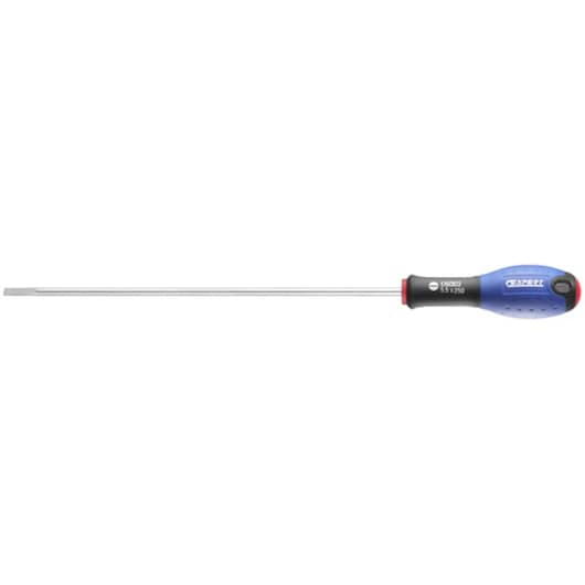 Facom E160102 long flathead screwdriver with blue and black handle, side view on white background.