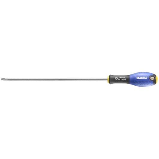Facom E160305 long Philips screwdriver with blue and yellow handle, side view on white background.
