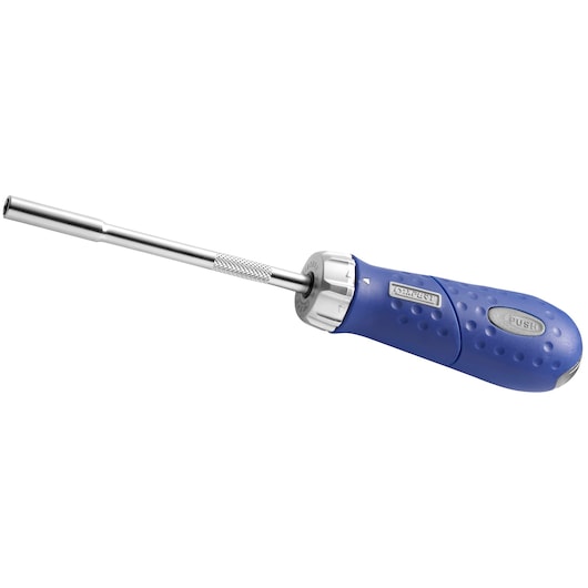 Facom E160802 ratcheting screwdriver with blue textured handle and silver shaft, side angle on white background.