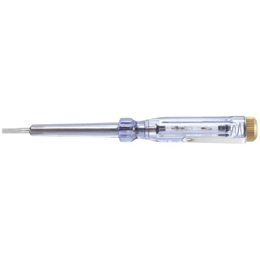 Facom E161101 voltage tester with transparent handle and metal tip, side view on white background.