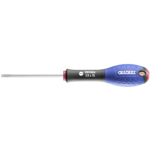 Facom E165093 flathead screwdriver with blue and black handle, side view on white background.
