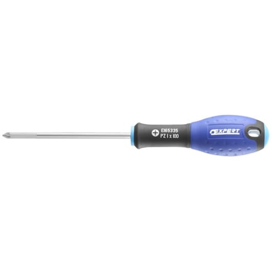 Facom E165335 blue and black Pozidriv screwdriver, straight angle, ergonomically textured handle.