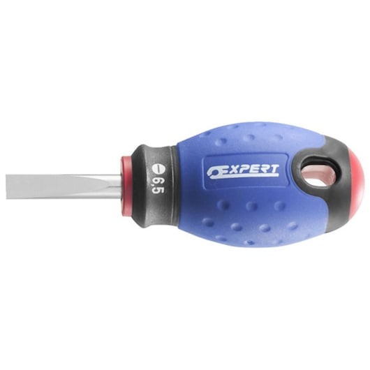 Facom E165400 stubby flathead screwdriver with blue and black ergonomic handle, side view on white background.