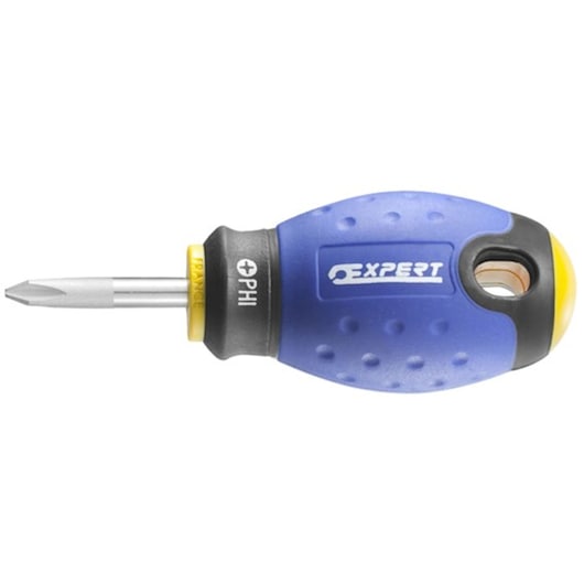 Facom E165407 stubby Phillips screwdriver with blue ergonomic handle and yellow accent, side view on white background.