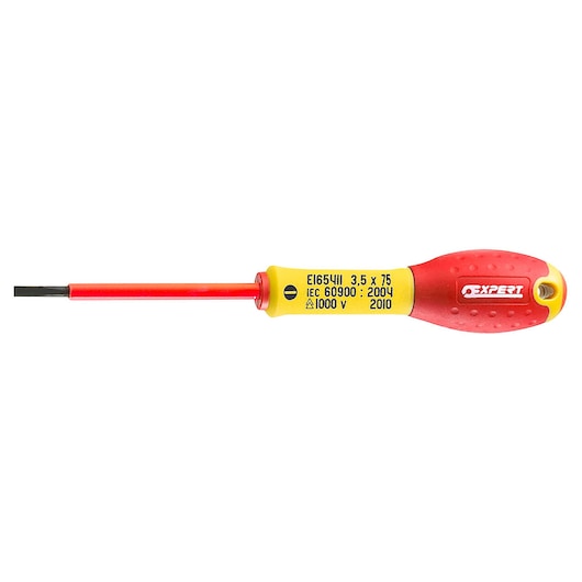 Facom E165411 insulated flathead screwdriver, red and yellow handle, side view on white background.