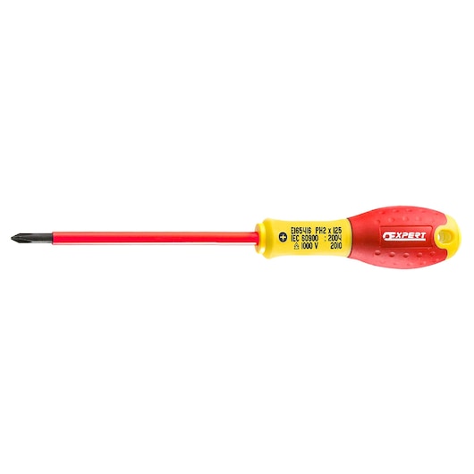 Facom E165416 insulated Phillips screwdriver with red and yellow handle, side angle on white background.