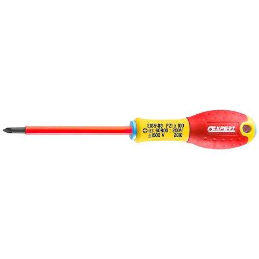 Facom E165417 insulated Phillips screwdriver with red and yellow handle, photographed on white background.