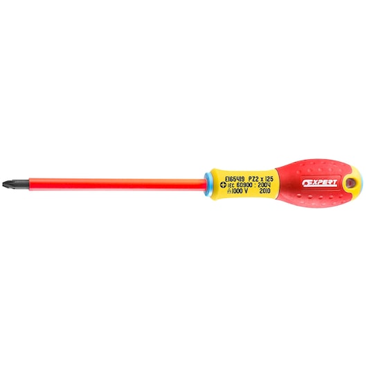 Facom E165419 insulated Pozidriv screwdriver with red and yellow handle, side angle, white background