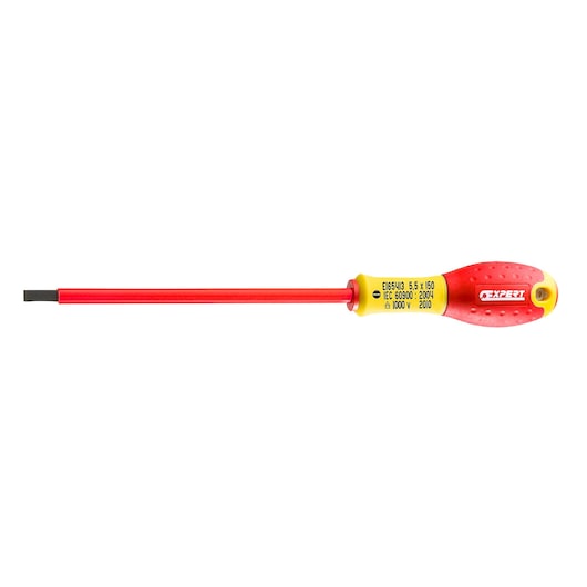 Facom insulated flathead screwdriver with red shaft and yellow-red handle, E165420, product side view on white.