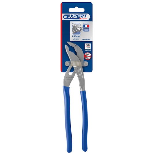 Facom Expert E184690R 240mm adjustable pliers with blue handles, displayed in retail packaging. The packaging highlights DIN ISO standards and a maximum jaw opening of 36mm.