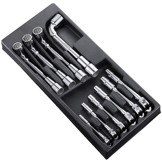 Facom E194939 set of chrome ratcheting wrenches and socket tools in a black tray, top angle.