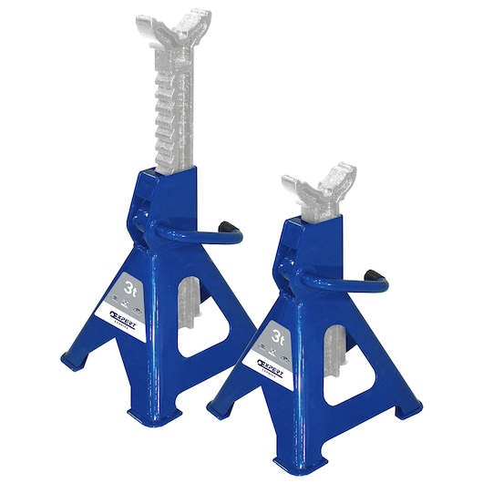 Facom E200144 blue automotive jack stands pair, 3 ton capacity, side angle on white background.