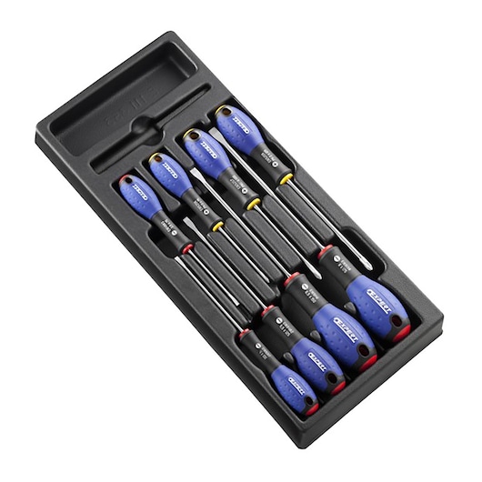 Facom E200145 screwdriver set with six blue and black handles in molded tray, photographed at angle on white background.
