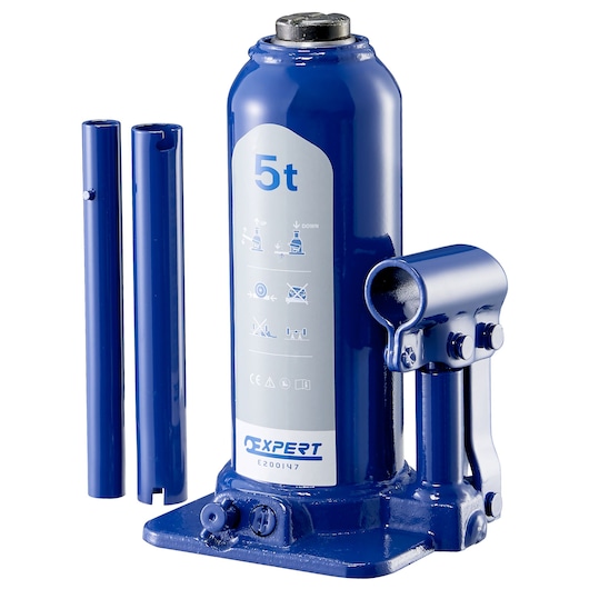Facom E200146 5-ton hydraulic bottle jack with removable handle, side view, blue finish.