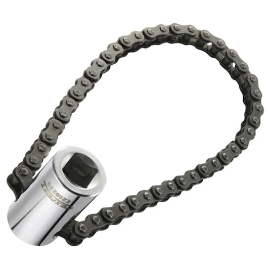 Facom E200235 chain oil filter wrench with chrome socket and dark metal chain, photography, angled on white background.
