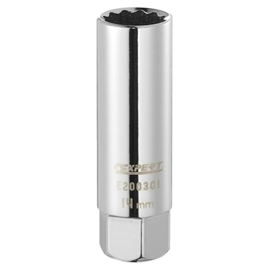 Facom E200302 long chrome socket, 12-point design, photography of product upright on white background.