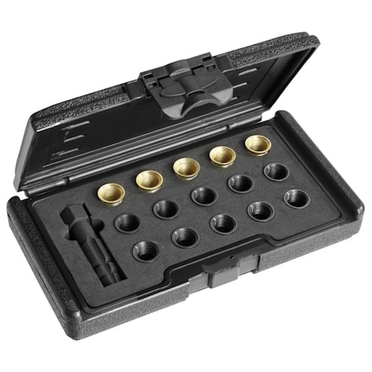 Facom E200310 thread repair kit with brass and black inserts in an open black plastic case, angled view.