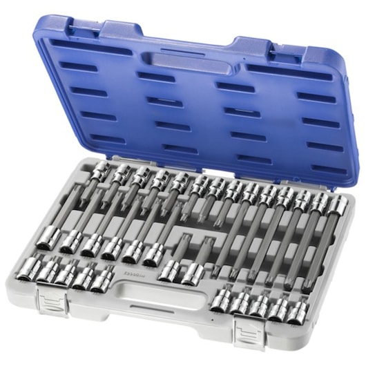 Facom E200514 socket bit set in gray case with blue lid, top view, multiple sizes organized inside.